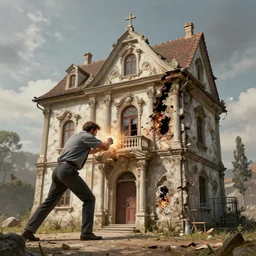 a brutalitst artwork of a man fuse to his house, hyper realism, architecture, baroq