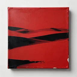 canvas coated with red paint, black stripes, paint peeling on edges