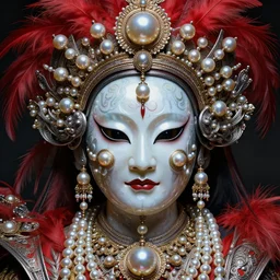 hyperrealism, detailed textures, award winning autochrome photo, symetrical japanese pearl, beautiful animal pearl queen, autochrome pearl portrait, pearls, red feathers, silverplate, intricate, detailed facial pearl scary animal mask, pearl, golden jewelery, silverplate, ultra realistic, cinematic, intricate, by steve mccurry, unreal engine 8 k