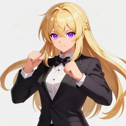fighter anime girl with purple eyes, long blonde hair wearing a tuxedo in a fighting stance, digital art, artstation, character design