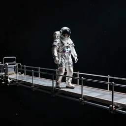 mysterious man in silver space suit, walking on a small industrial catwalk, floating in deep space with a black background, photograph, wide angle, long shot