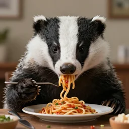 8k hyper realistic angry badger eats spaghetti