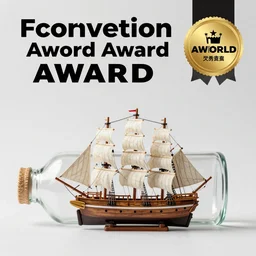 a miniature of a sailing wooden ship in a bottle placed horizontally, photography, award winning