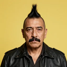 front medium portrait of a middle - aged mexican man with a mohawk haircut, moustache, wearing a leather jacket, yellow background, rembrandt lighting, by magritte, kehinde wiley, kadir nelson