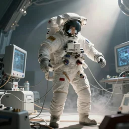 astronaut entangled by a lot of cables, connected to a supercomputer designed by Dieter Rams, cinematic lighting, haze, octane render, lens flare
