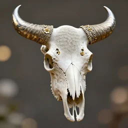 a decorated bull skull bone, carved with extremely detailed geometric fractal patterns and shiny metallic horns, with flowers and gold in the cracks, kintsugi, photorealistic, bokeh, low aperture, abstract 3 d design, octane render