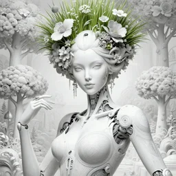 portrait of an absurdly beautiful, graceful, sophisticated, fashionable cyberpunk mechanoid, hyperdetailed illustration by irakli nadar and alexandre ferra, intricate linework, white porcelain skin, faberge, rosses, trees, flowers, grass headdress, unreal engine 5 highly rendered, global illumination, radiant light, detailed and intricate environment