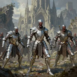 trailcam footage grotesque horrific stylistic vray 3 d render of silver ornate armor slim bodybuilder handsome warriors in battle, mountains and giant gothic abbeys, hyperrealism, fine detail, 8 k, artsation contest winner, cgsociety, fantasy art, cryengine, brush strokes, oil canvas by mandy jurgens and michael whelan