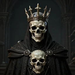 full portrait of the decaying King of rott, crown made of bones, cloak, skull mask, realistic character concept, high fantasy, gothic, dark atmosphere, medium shot, symmetrical face, cinematic lighting, hyperdetailed, high resolution, insanely detailed and intricate, artstation, octane render, 8k, unreal engine