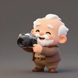 curled perspective digital art of a cute smiling grandpa cartoon character with a photo camera by anton fadeev
