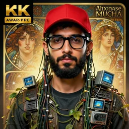 hyperrealist portrait of a young ducktail bearded middle eastern american man wearing black wayfarer glasses and red baseball cap, it is decorated with long wires that fall like vines in the ship and wears small computers over their body. by jeremy mann and alphonse mucha, fantasy art, photo realistic, dynamic lighting, artstation, poster, volumetric lighting, very detailed faces, 4 k, award winning