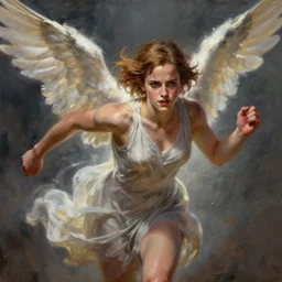 angel, perfectly-centered-painting of young Emma watson, sweaty, dynamic action pose, insane, intricate, highly detailed, digital painting, artstation, concept art, smooth, sharp focus, illustration, Unreal Engine 5, 8K, art by artgerm and greg rutkowski and alphonse mucha