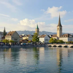 Digital painting of Zurich, Limmat and the lake, wide angle, volumetric light, hyperdetailed, Alsp in the background, artstation, cgsociety, 8k