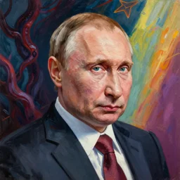 trending art. amazing detailed intricate photorealistic painting of a vladimir putin. disturbing, twisted, dark, evil. vibrant colors. cute, lovely, funny.