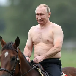Vladimir Putin riding a horse with his shirt off. He should look like he's in his early 60s, with gray hair, and have a bit of a tan. He should be smiling and look like he's having a good time.