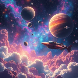 a dream of a colourful universe, spaceship flying, vibrant planets, lsd trip, psychedelic color, dreamy