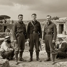 ultra detailed photorealistic sepia - toned photo from 1 9 1 7, three clean - shaven british soldiers standing with two bedouin traders, at an archaeological dig site, ultra realistic, painted, intricate details, lovecraft, atmospheric, dark, horror, brooding, highly detailed, by clyde caldwell