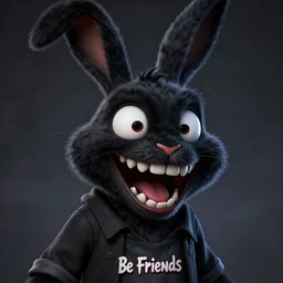 A extremely highly detailed majestic hi-res beautiful, highly detailed head and shoulders portrait of a scary terrifying, horrifying, creepy maniacal crazy black cartoon rabbit with scary big eyes, earing a shirt laughing maniacally , let's be friends, in the style of a Walt Disney cartoon