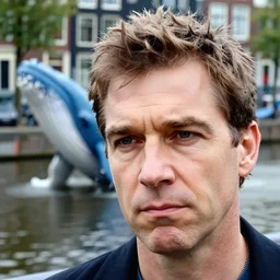 closeup portrait of unamused man with, background blue whale in an amsterdam canal, photograph, natural light, sharp, detailed face, magazine, press, photo, steve mccurry, david lazar, canon, nikon, focus