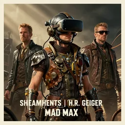 Illustrated by Shepard Fairey and H.R. Geiger | Steampunk Mad Max with VR helmet, surrounded by cables