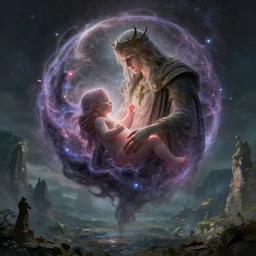 a god giving birth to a new universe and then dissolving itself into it, in the style of wlop and elden ring landscapes, illustration, epic, fantasy, hyper detailed, smooth, unreal engine, sharp focus, ray tracing
