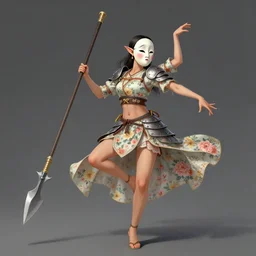 female changeling dancer in floral - patterned light armor, wielding a long halberd, wearing a noh theatre mask, barefoot in sandals, capricious, energetic, provocative, realistic proportions, reasonable fantasy, in the style of dnd illustrations, tabletop rpg.