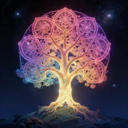 chromatic tree of life centered on a hill glowing from within japanese, intricate, elegant, volumetric lighting, digital painting, highly detailed, artstation, sharp focus, galaxy, illustration, concept art, ruan jia, steve mccurry