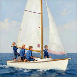painting of a family sailing on a sailboat in the Netherlands, happy, playful, funny
