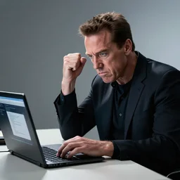arnold schwarzenegger as conan the barbarian sitting at a desk and working at a computer, angry, frustrated at his laptop screen, laptop trouble, technical difficulties, software error, crisp lighting, studio lighting
