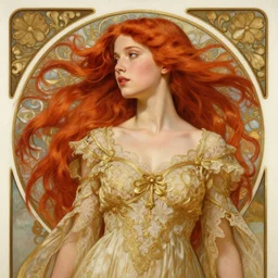 intricate art nouveau oil painting of redheaded young millie bobby brown with long hair blowing in the wind, wearing an intricate gold lace dress, highly detailed, intricate, elegant, digital painting, smooth, sharp focus, illustration, ultra realistic, 8 k, by bouguereau, alphonse mucha, artgerm, and donato giancola