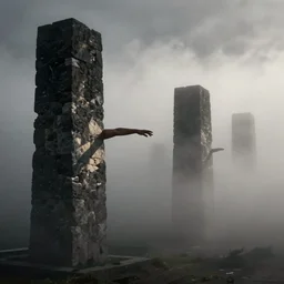 arm reaching out of thick fog, tall stone blocks, zdzislaw beksinski