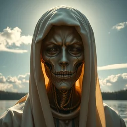 masterpiece ultrarealistic ultradetailed stefan gesell medium shot robot of slime catholic veiled, in the funny big lake the sky sun over beautiful clouds at the forests intricate, elegant, dramatic lighting, greg rutkowski, immerse,, special effects makeup, maximalist, glittering, gold, ivory, hyperreal, golden ratio,