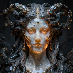 detailed portrait, high priestess, gorgon, regal molten glassworks face sculpted features, large eyes, statuesque, quartz skin, silk hair, tech noir, opulent, smooth, jewel, lit from within, chiaroscuro, organic impressionism, deep backdrop, natural colors, octane render