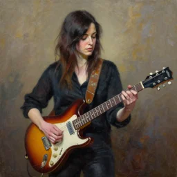 Anna Calvi playing electric guitar, oil painting by Phil Hale