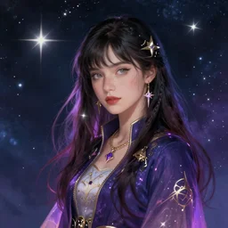 charming and wisdom female young astromancer in the starry sky, star sparkles, sharp focus, d & d, epic retrowave art, masterpiece, trending on art station, fantasy, digital painting, highly detailed, 8 k realistic, dof, art by artgerm, greg rutkowski, sasoura, satchely, miracle, channel