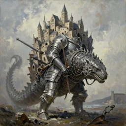 medieval knight kaiju with a whole city on its back, oil on canvas