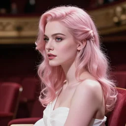 cinestill 5 0 d portrait of a beautiful dreamy woman by annie liebovitz, sitting on a chair of a theater environment, detailed ambient, pale pink tonal glossy, hair intricate style, wearing white dress, elegant, highly detailed, soft blur, artstation, sharp focus, head in focus,