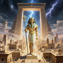 a godlike pharaoh with a sceptre magical statue in a landscape of a big and structured ancient civilisation city with a giant portal to outer space inspired by ancient rome and ancient egypt, lightning in outer space, rain 4 k anime style hyperrealistic unreal engine trending on artstation