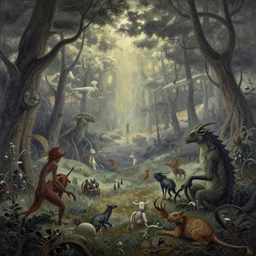 Eternity is in love with the creations of time creative Creatures and monsters wander the landscapes of the Imagination, In the style of Leonora Carrington