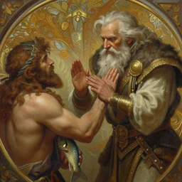 detailed painting of an old man slapping a man with a fish, deep focus, d & d, fantasy, intricate, elegant, highly detailed, digital painting, artstation, concept art, matte, sharp focus, illustration, hearthstone, art by artgerm and greg rutkowski and alphonse mucha