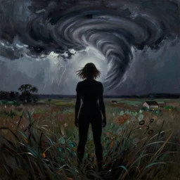 silhouette of Elle Fanning in a field in the world of Adam Wyeth, a tornado spins in the background, stormy weather, extremely detailed masterpiece, oil on canvas, low-key neon lighting, artstation, Blade Runner 2049, Roger Deakin’s cinematography, by J. C. Leyendecker and Peter Paul Rubens,