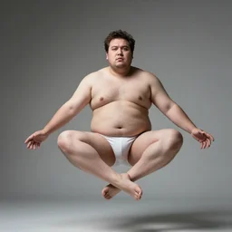 a fat man in his underwear floating crosslegged in the air