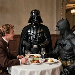Darth Vader and Batman enjoying a lunch in the 1920 s