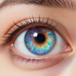 real human eye with the lense reflecting a heavily psychadelic universe, incredible detail