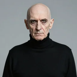 a bald pale sorcerer in his late nineties. stately and dour in his expression. eyeliner accentuates his sunken eyes. a high black turtleneck covers his thin neck. opulent white golden red robe. white leather gloves with gold decoration, his face like benedict xvi, sharp focus, art by magali villeneuve