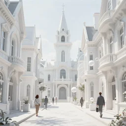 futuristic cyber kawaii victorian city street, by artgerm, tom bagshaw, gerald brom, 4 k, hd, white, light, bright, beautiful, victorian architecture,
