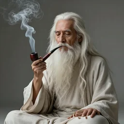 wise old man, half face young, long white hair made of smoke coming out from a smoking pipe, meditation, photorealistic, intricate, elegant, hamingway.