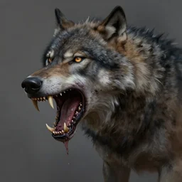 A high quality digital painting of a undead humanoid wolf monster with a dislocated jaw and sharp teeth, highly detailed digital art
