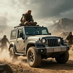 Mahindra thar, tribe members attacking, action scene, an epic fantasy, dramatic lighting, cinematic, establishing shot, extremely high detail, photorealistic, cinematic lighting, artstation, octane render, by simon stalenhag, horizon forbidden west