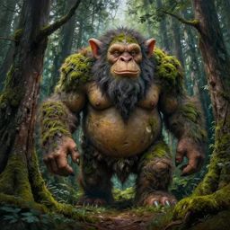 a beautiful hyperrealistic painting of a forest troll by peter mohrbacher, ancient mossy wood, gigantic, octane render, brilliantly coloured, intricate, ultra wide angle, trending on artstation, dusk, volumetric lighting, polished, micro details, ray tracing, 8 k